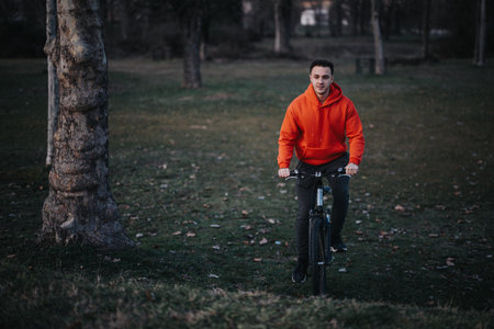 Young man enjoying a bike ride in an urban park during the weekend, promoting a healthy lifestyleの写真素材