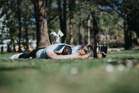 Young school couple relaxing together on the grass in a park