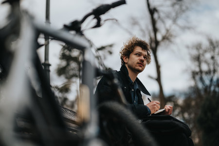 Male businessperson working on a notebook in an urban park settingの写真素材