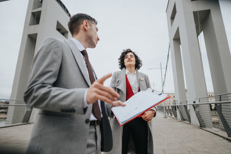 Business professionals engaging in an outdoor meeting in a modern urban settingの写真素材