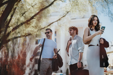 Confident businesswoman multitasking with phone call on sunny day in urban settingの写真素材