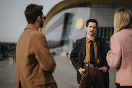 Energetic young professionals engage in a strategic marketing discussion outdoorsの写真素材