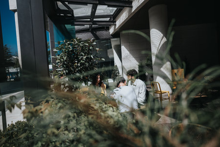 Multi-generational entrepreneurs discussing business strategies at a coffee barの写真素材