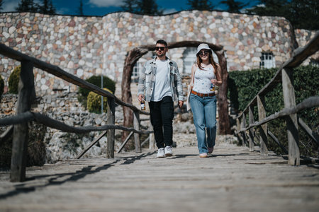 Happy couple enjoying a sunny day on vacation in a picturesque stone bridge settingの写真素材