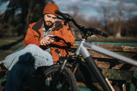 Man taking a break during a bike ride in a park on a sunny dayの写真素材