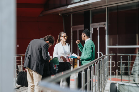 Diverse business professionals discussing strategy in an outdoor urban setting on a sunny day