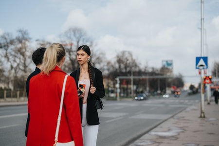 Stylish pedestrians waiting to cross a busy city street on a clear dayの写真素材