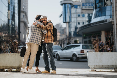Young business professionals in casual attire having a friendly meeting outdoorsの写真素材
