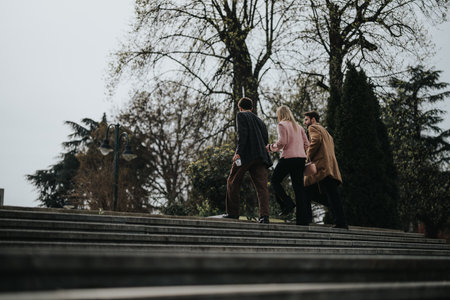 Businesspeople walking together outdoors in a casual settingの写真素材
