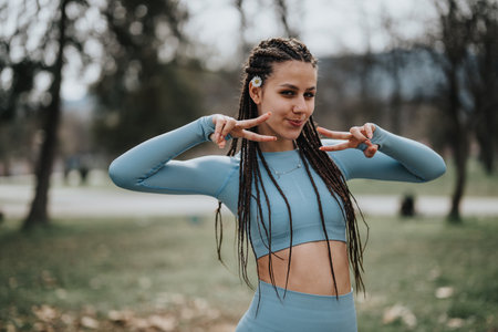 Active sporty girl enjoying outdoor fitness exercise in parkの写真素材