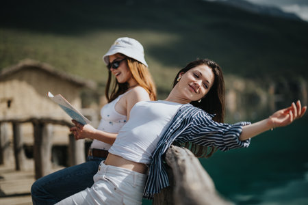 Joyful female tourists exploring a scenic lakeside location, reading a map and enjoying the sunの写真素材
