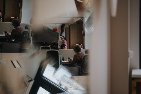 Contemporary office space with employees engaged in work by window lightの写真素材