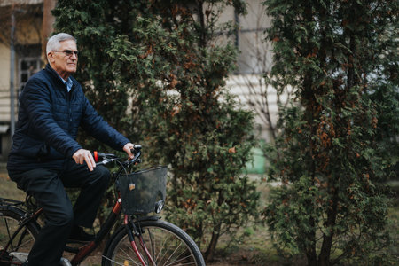 Active senior man enjoying a leisurely bike ride through a park with autumn foliage.の写真素材
