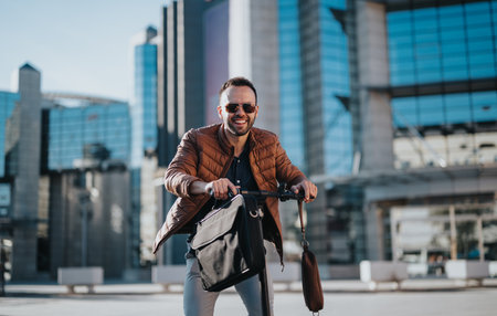Smiling businessperson on an electric scooter in the city with briefcase and sunglassesの写真素材