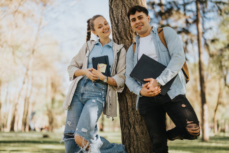School friends leaning against a tree with books and a laptop