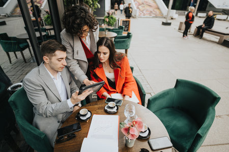 Business partners discussing strategies at a coffee meeting outdoorsの写真素材
