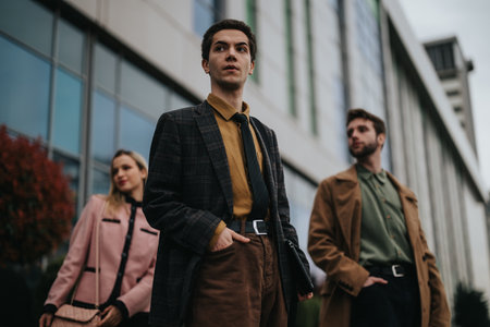 Professional team outdoors near corporate building, modern businesspeopleの写真素材