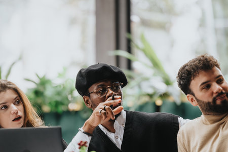 A multicultural group of people collaborate over a business meeting in a relaxed restaurant atmosphere, discussing strategies and sharing ideas.の写真素材