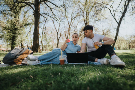 College students studying together in sunny park with drinks and laptopの写真素材