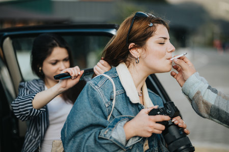 Friends sharing a moment outdoors, one lights a cigarette for another while holding a cameraの写真素材