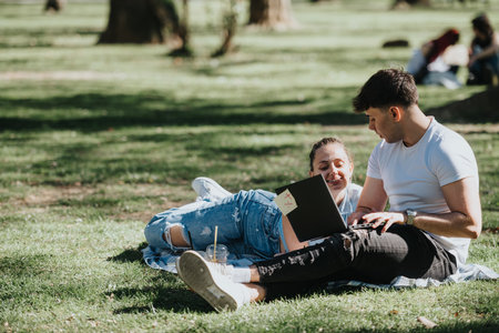 High school friends studying together in city park, sharing notes and enjoying sunny weatherの写真素材