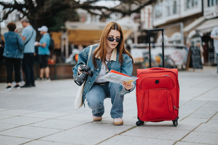 Young tourist with camera and suitcase exploring the city on a sunny dayの写真素材