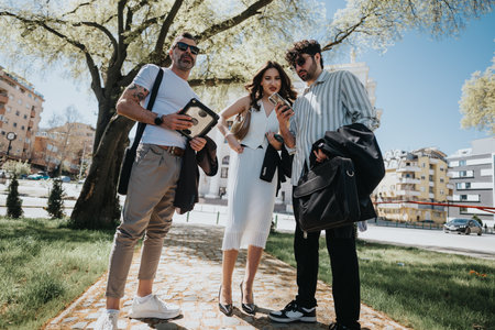 Stylish business associates meeting in a sunny urban area discussing company growthの写真素材