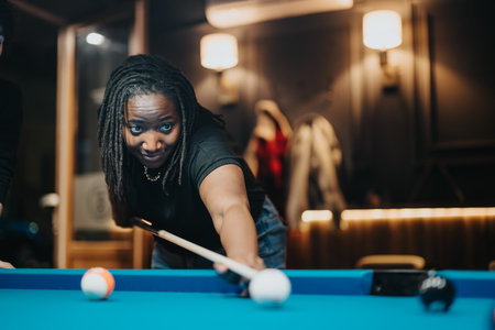 Friends enjoying a fun night out playing pool in a bar, captured in a joyful, lively setting