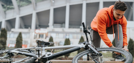 Active young man fixing bicycle in the park on a cloudy dayの写真素材