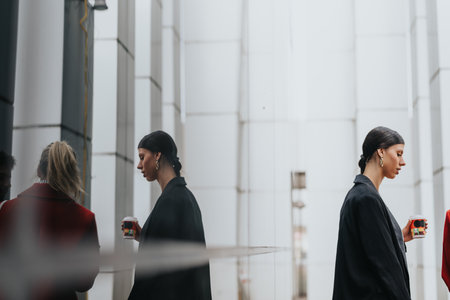 Modern business colleagues on a coffee break amidst urban architectureの写真素材