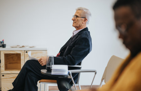 Senior businessman in meeting with colleague, focused and thoughtful.の写真素材