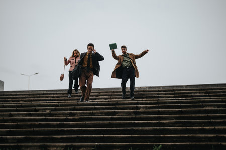 Confident business professionals walking outdoors on stairs, heading to a meetingの写真素材