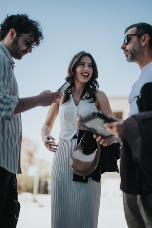 Casual business meeting outdoors with a diverse group of professionalsの写真素材