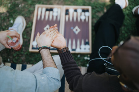 Friends enjoying a sunny day in the park playing backgammon, capturing joy and carefree moments...