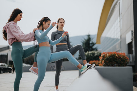 Three women in active wear stretching before urban workoutの写真素材
