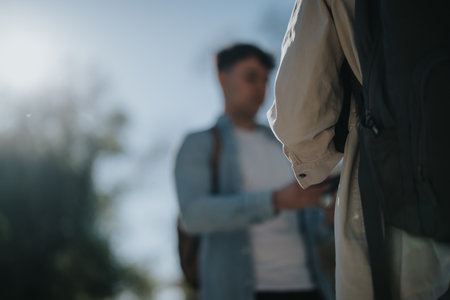 School friends discussing academic topics in sunny urban parkの写真素材