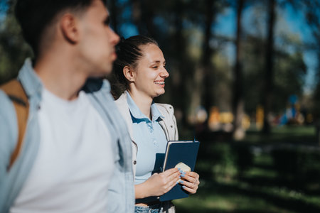 School friends discussing academic topics in a sunny urban park settingの写真素材