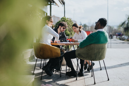 Multicultural business team strategizing at outdoor coffee bar