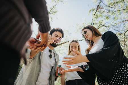 Multiracial friends enjoying a sunny day in the park with bubblesの写真素材
