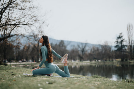 Young woman practicing yoga in a peaceful park setting by the lakeの写真素材