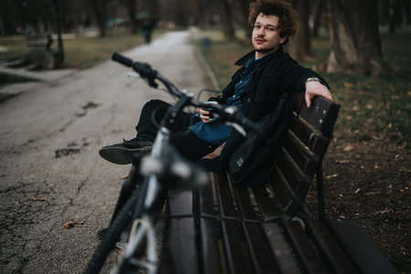 Young business entrepreneur taking a break on park bench with bicycleの写真素材