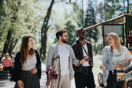 Diverse group of friends enjoying a sunny day together in an urban parkの写真素材
