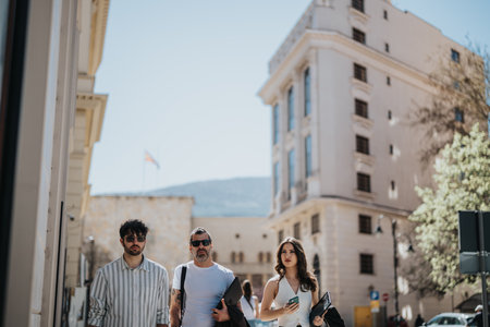 Diverse team of professionals walking and discussing business in a cityの写真素材
