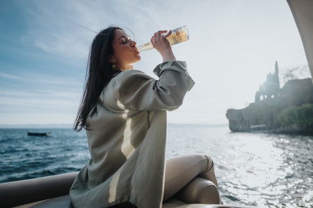 Happy girl enjoying a refreshing drink on a sunny boat ride by the lakeの写真素材