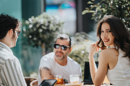 Entrepreneurial family discussing strategies at a coffee shop, looking at statistics for business growthの写真素材