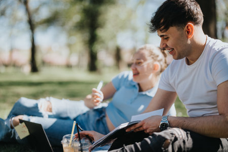 High school friends studying together on a sunny day in city park