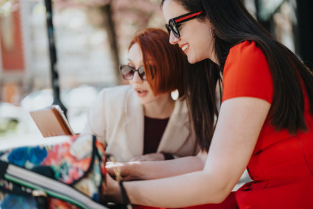 Professional businesswomen in discussion at an outdoor cafe