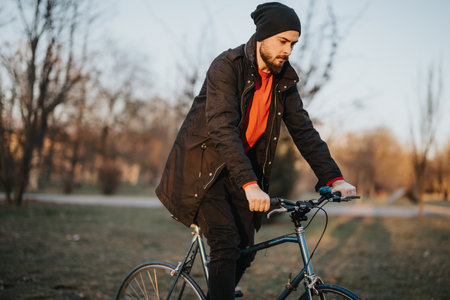 Young man biking in a park during early morning, dressed in cold weather attire.の写真素材