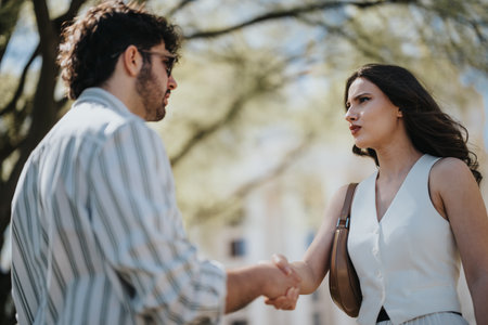 Business executives agreement with a handshake outdoorsの写真素材