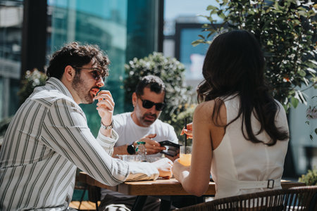 Entrepreneurs at a coffee bar discussing strategies for business growthの写真素材
